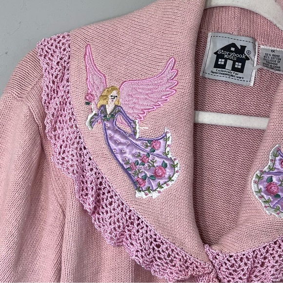 Storybook Knits pink peter pan collar embroidered fairy button front sweater 1X - Picture 3 of 8